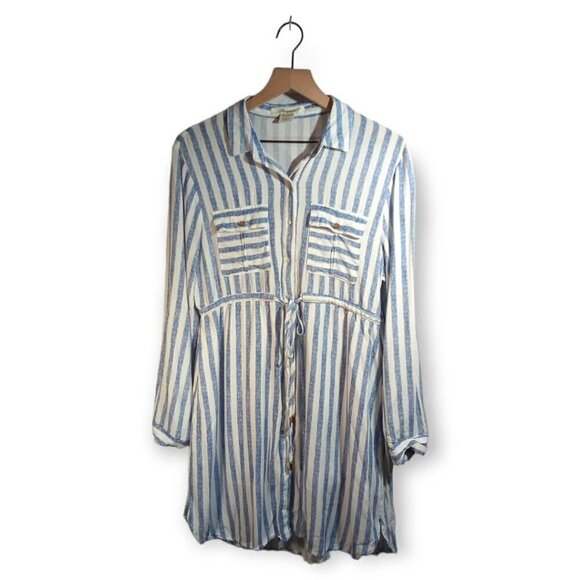 Passport Blue Striped Rayon Dress Size L - Picture 1 of 3